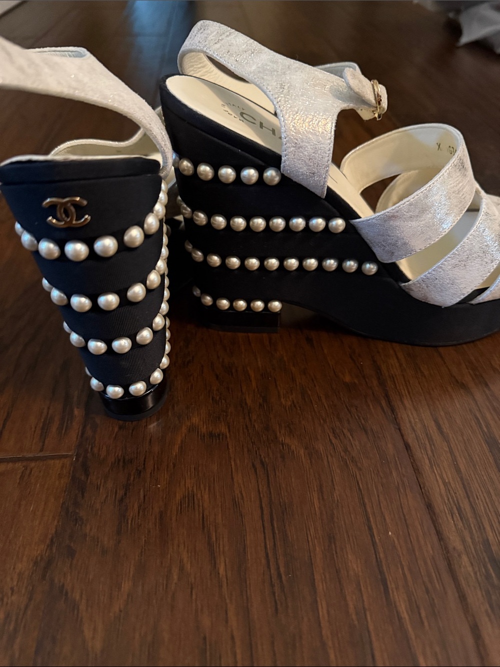 CHANEL Black Pearl-Trimmed Strappy Heel Sandals